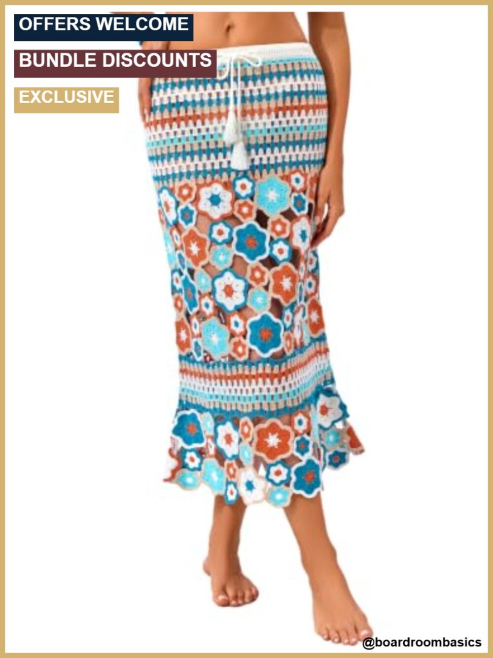 Boho Crochet Beach Midi Skirt 3D Floral Cover Up